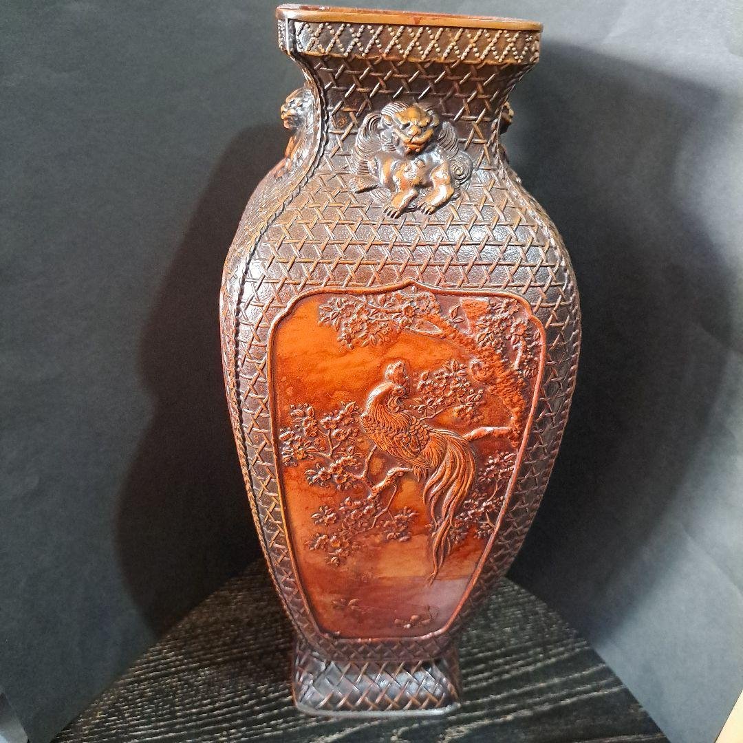 銅製　極上飾壺　細密浮き彫り　高岡銅器　日展入選品　四面獅子　花鳥図