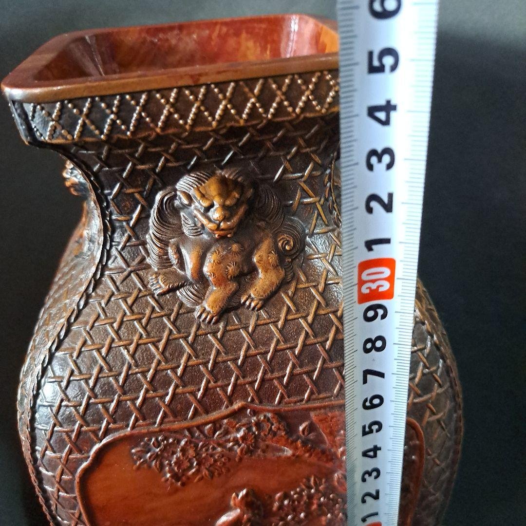 銅製　極上飾壺　細密浮き彫り　高岡銅器　日展入選品　四面獅子　花鳥図