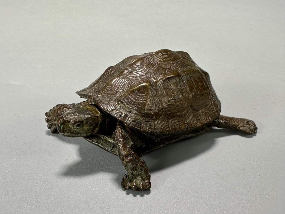 銅製　はた　在銘　亀　カメ　置物　頭尾可動式　鼈　細密細工　煎茶飾り　盆景
